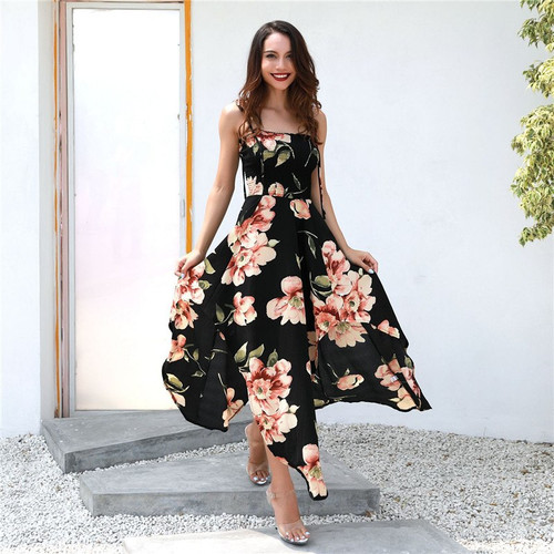 summer women bohemian asymmetrical floral printed a line dress casual  spaghetti strapless dress sexy long dress